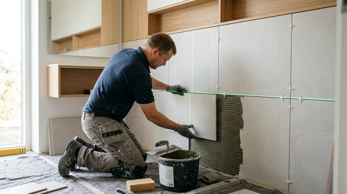 Håndværker udfører renovering af badeværelse i Them