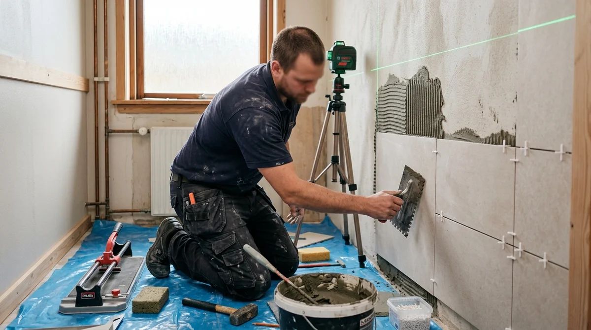 Håndværker udfører renovering af badeværelse i Bramming